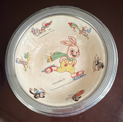 Oswald Cartoon Round Metal Bowl with Silver Rim, Multicolor Animal Theme