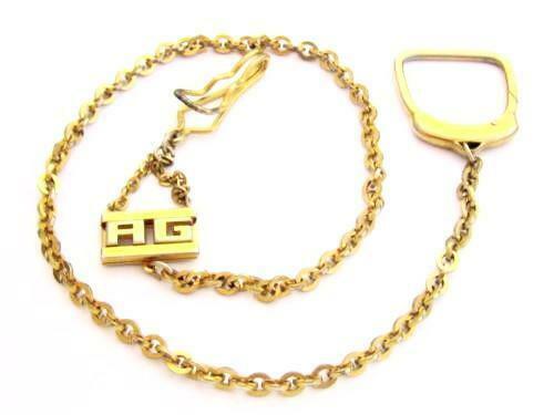 Antique Pocket Watch Chain Monogram AG Initials Gold Plated w/ Keychain + Clip