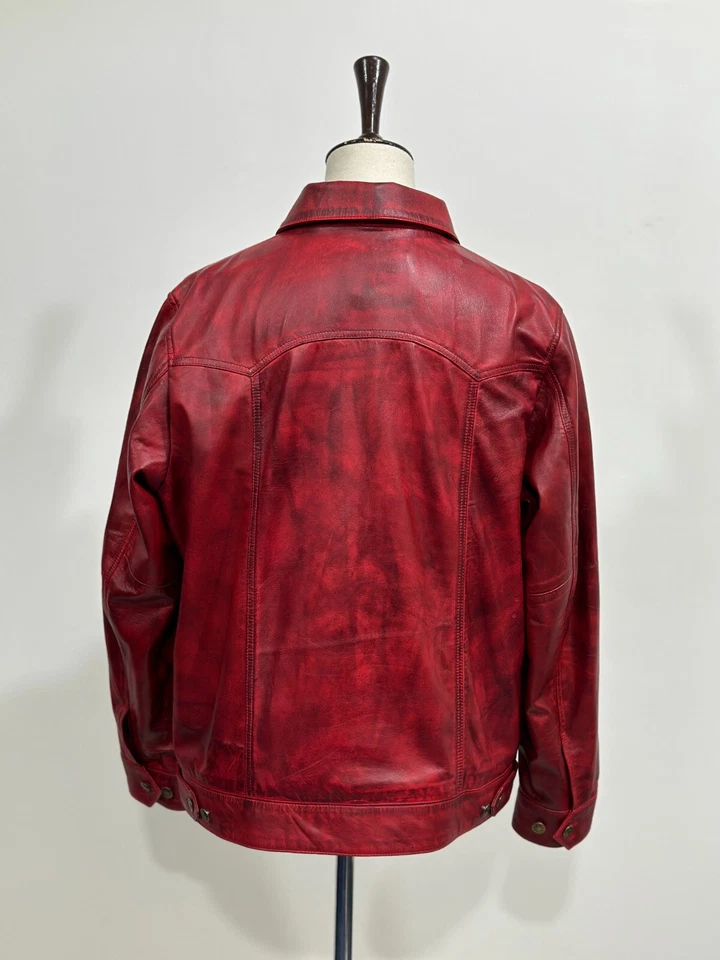 Mens Red Distressed Leather Bikers Trucker Jacket,  Leather Jacket - Image 4 of 4