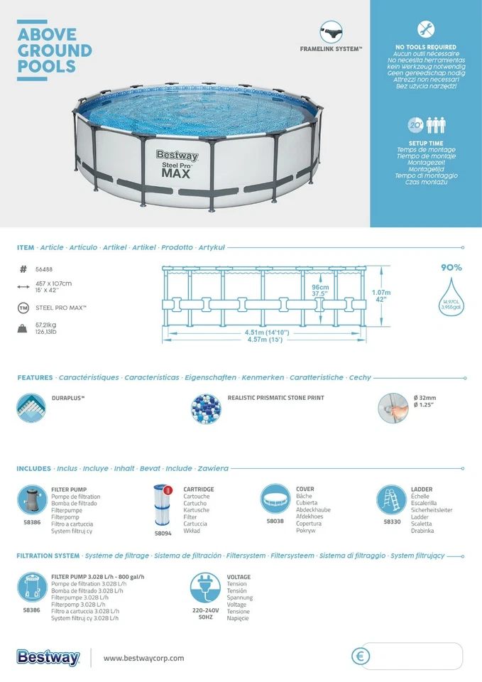 Bestway Steel Pro MAX 457x107cm Pool Filterpumpe und Zubehör Gartenpool 56488 - Bild 2 von 4