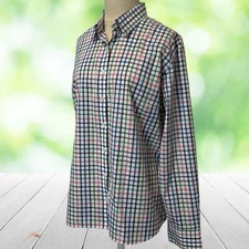 LANDS END Button Up Shirt Top Womens 16 Blue Pink Green Plaid Preppy Office EUC