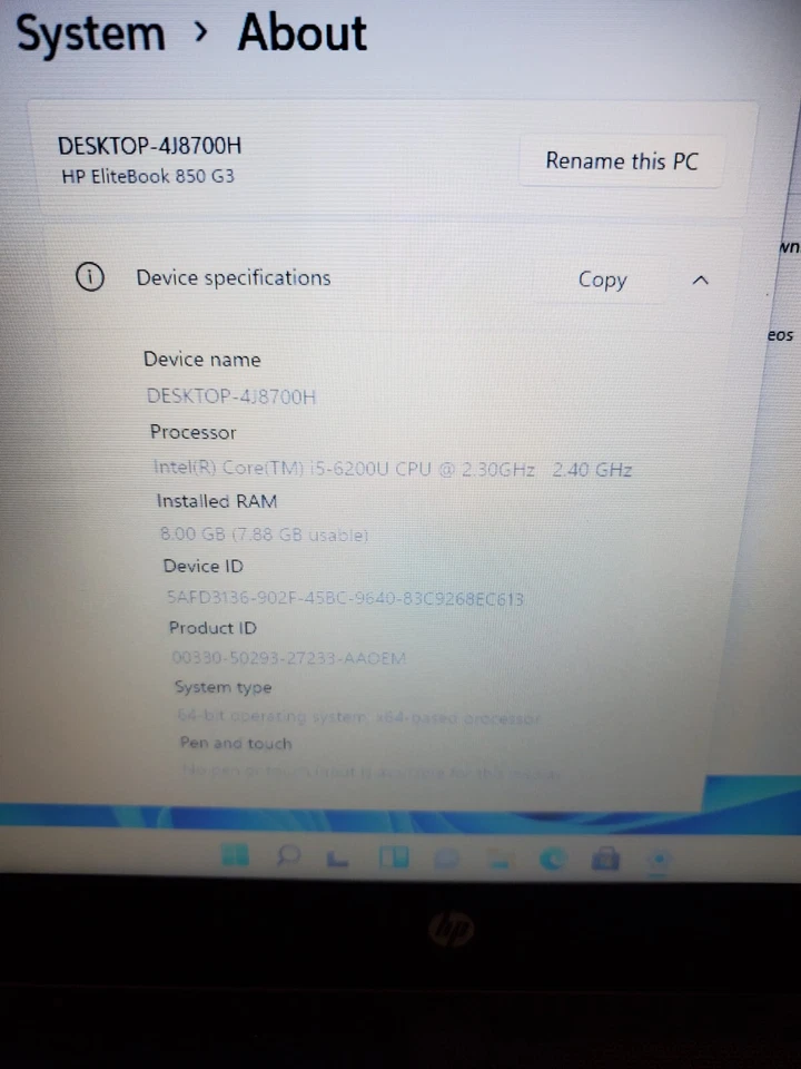 HP EliteBook 850 G3 15.6" i5-6200U 2.30GHz 8GB RAM 256GB SSD Win11 #69 - Image 2 of 4