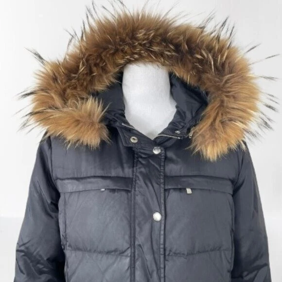 Piumino donna Michael Kors nero imbottito pelliccia sintetica orlo cappuccio taglia L con difetti