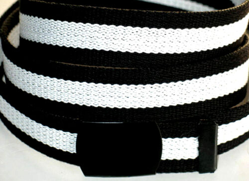 Canvas BLACK / WHITE 41" x 1 1/4" Military WEB Fabric Belt BLACK Metal Buckle