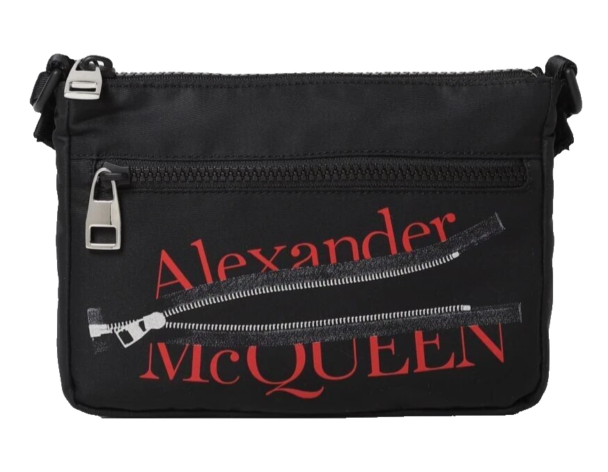 ALEXANDER MCQUEEN Nylon Crossbody Bag Zip Pouch Black Red Logo-Print Zip