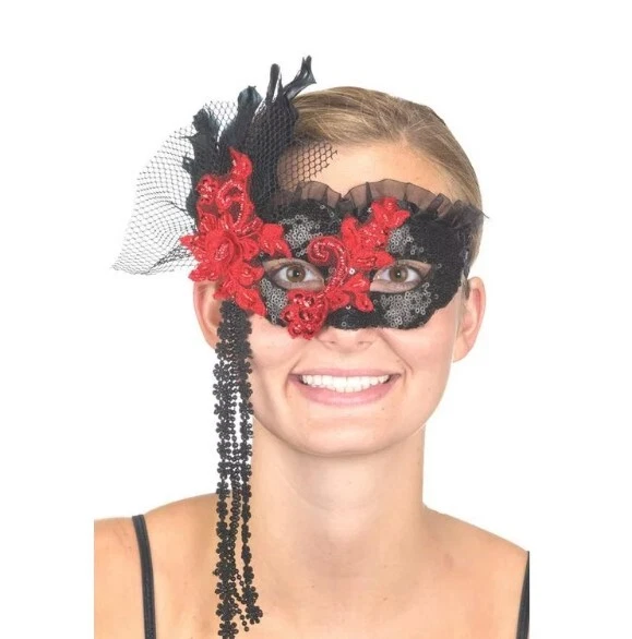 Day of the Dead Mask - Feather - Lace - Black/Red - Costume Accessory - Image 2 of 2