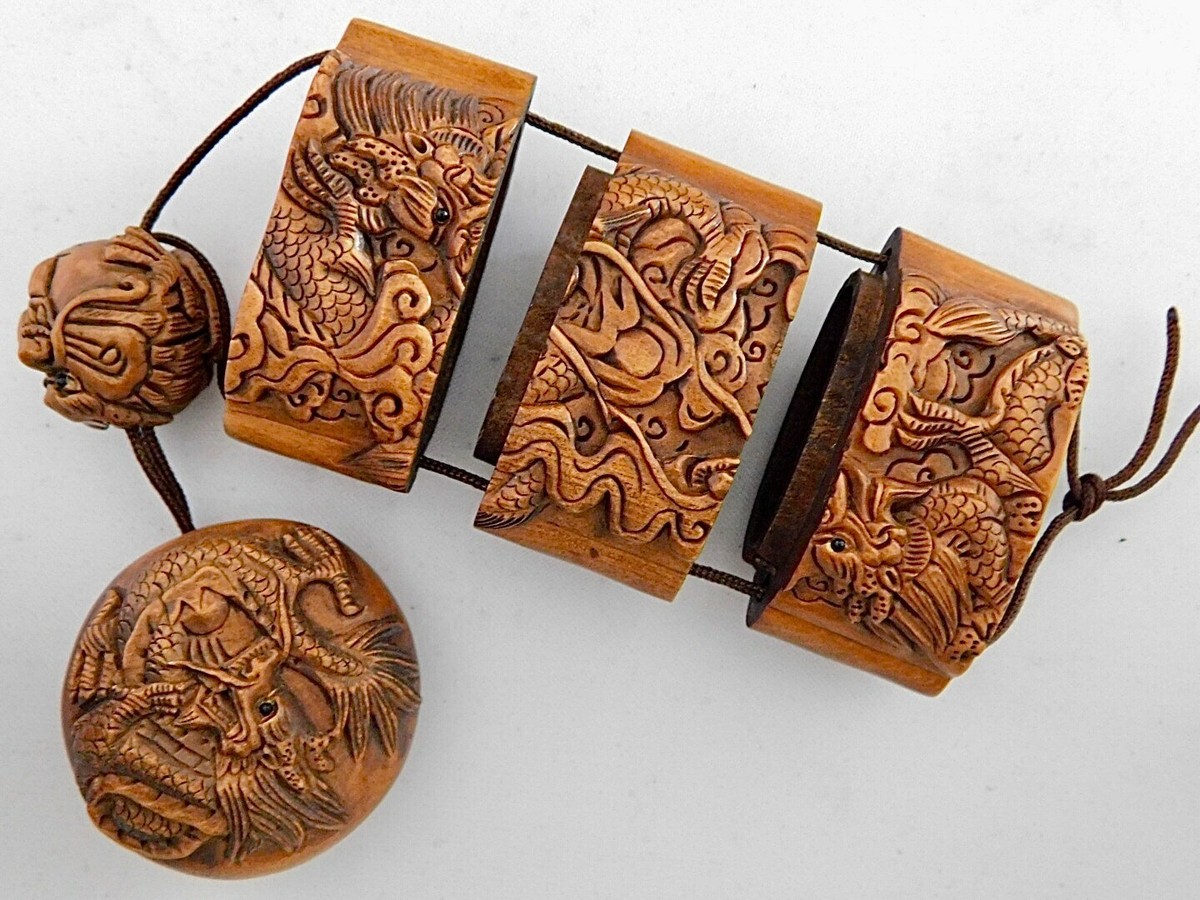 Antique Japanese Boxwood Inro Ojime and Netsuke Dragons Antique Japanese Boxwood Inro Ojime and Netsuke Dragons