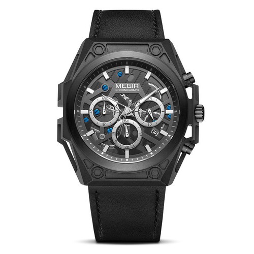 MEGIR Men Chronograph Watch Military Luxury Genuine Leather Business Wristwatch - Picture 10 of 15