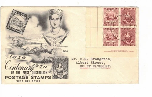 Australia 1950 2 1/2d Centenary IMPRINT Block on WIDE WORLD FDC