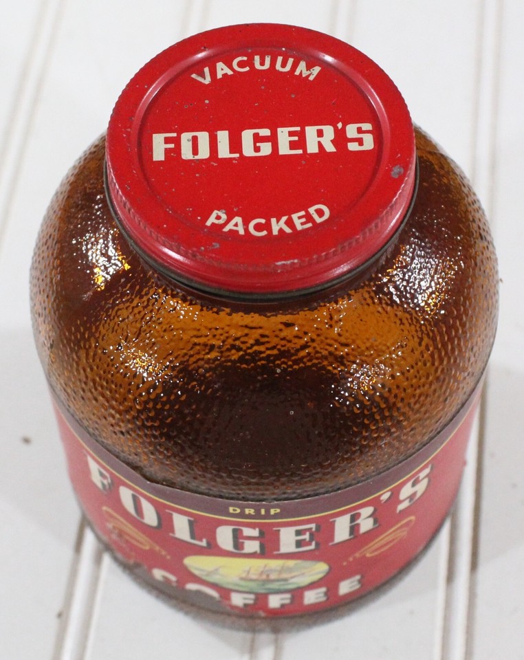 Rare Vintage Folgers Amber Glass Coffee Jar w/Paper Label (Scarce Color