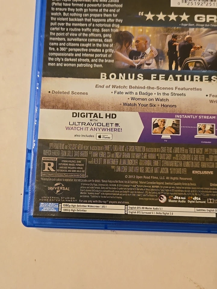 End of Watch Blu-Ray + Digital Copy 2012 Jake Gyllenhaal Michael Pena Pre-owned  - Image 4 of 4