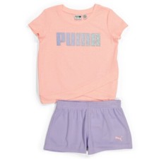 PUMA Little Girls 2 Piece Mesh Crew Neck Tee Short Set, Elektro Peach, Size 4