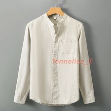Linen Long-sleeved Shirt Men Stand Collar Casual Relaxed Breathable Tops