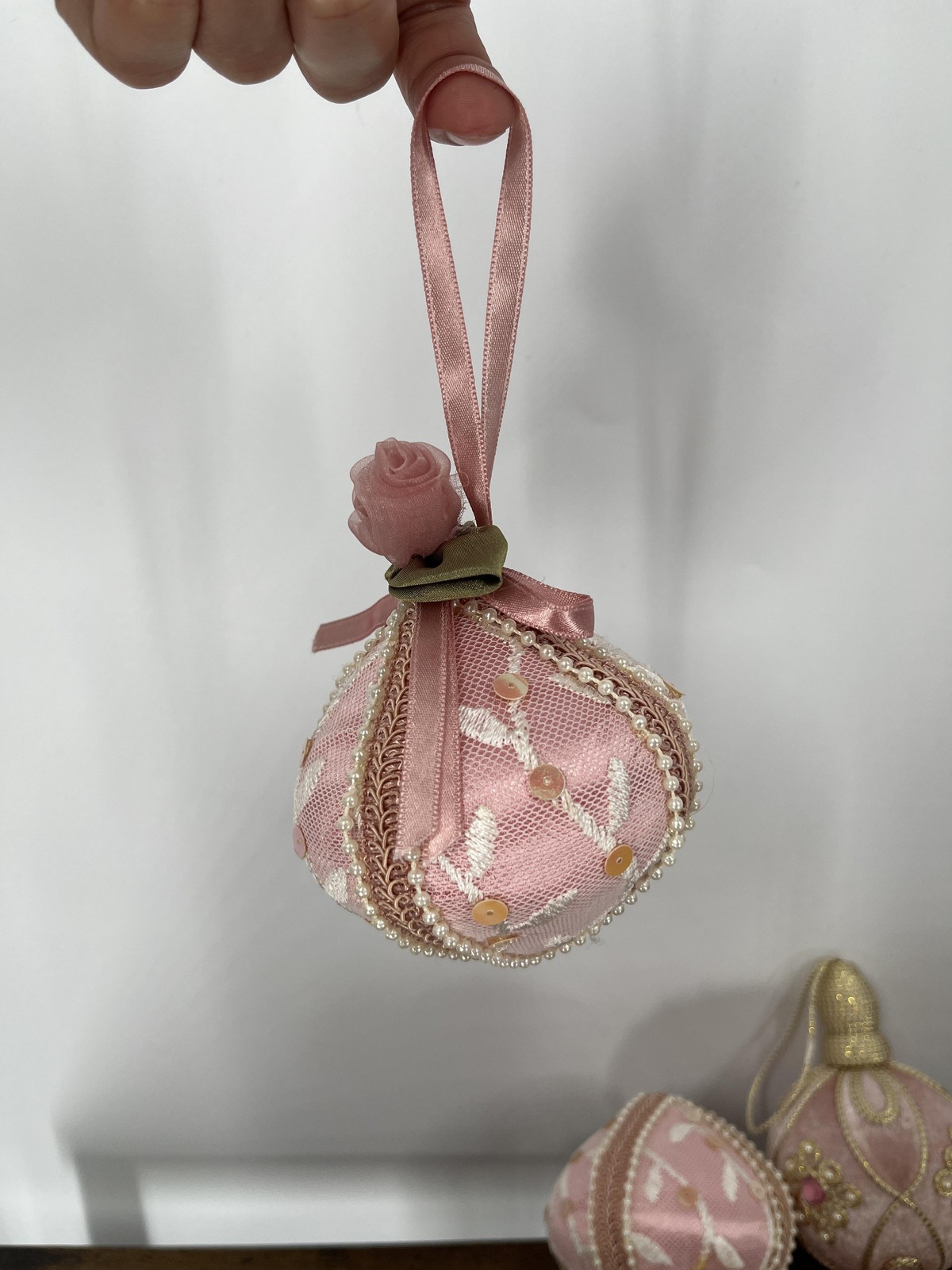 Vintage Handmade Victorian Lace Pearl Rose Christmas Ornaments Shabby Chic