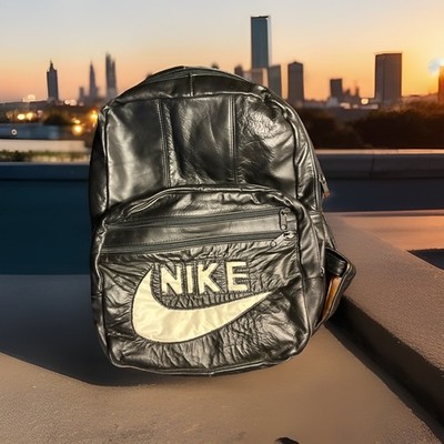 Vintage 80s/90s Genuine Leather Nike Backpack Black W/ White