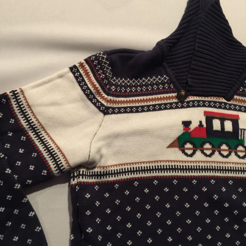 Gymboree Boys Sz 12 Christmas Holidays Navy and Cream Train Sweater 100% Cotton - Image 4 of 4