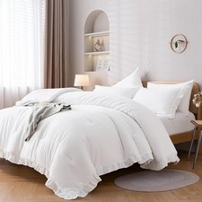 Queen Size White Duvet Cover 3 Piece Set, Vintage Simple Fashion Bedding