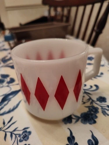 Vtg Fire King Anchor Hocking Milk Glass Harlequin Red Diamond Mug D Handle
