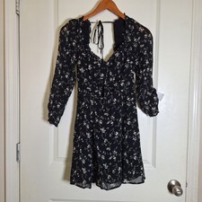 Reformation LouLou Mini Dress Floral Venezia Black Ruched Square Neck Size 0