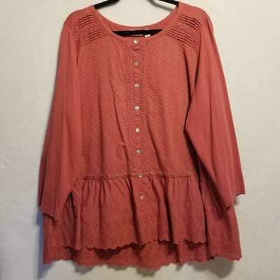 LOGO LAVISH XL Top Eyelet Lace Mixed Media Button Boho Festival Mauve Pink 
