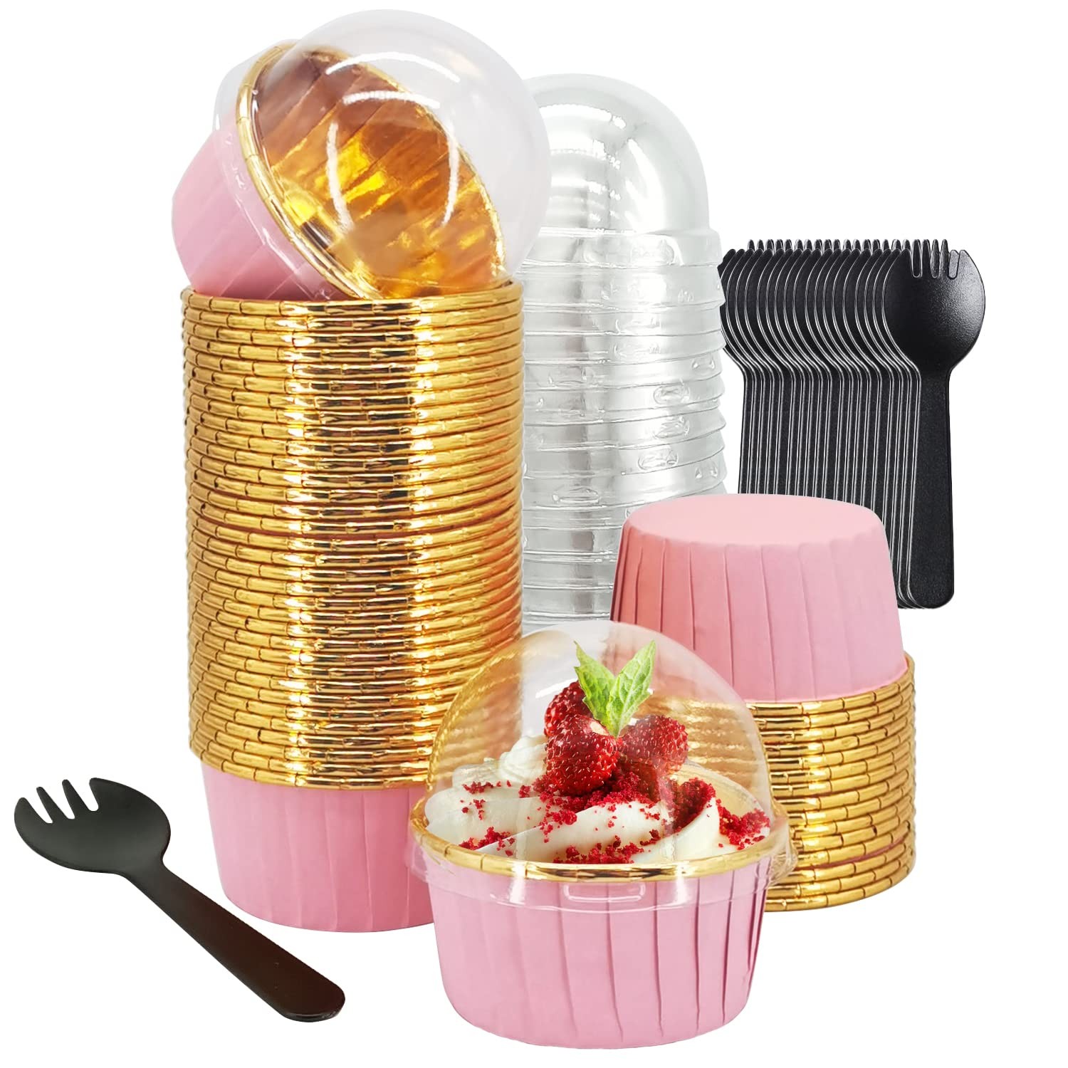 50 Foil Cupcake Liners with Clear Dome Lids, 5oz Large Capacity, Oven Safe