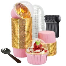 50 Foil Cupcake Liners with Clear Dome Lids, 5oz Large Capacity, Oven Safe