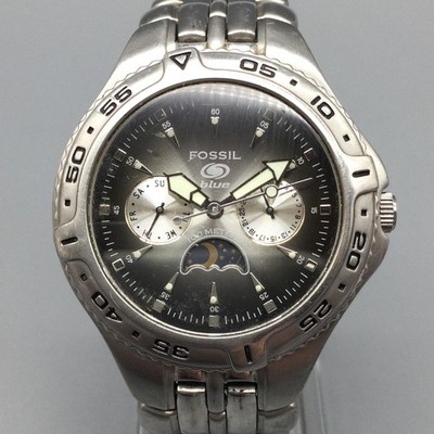 Fossil Blue Mens Watch 40mm Gray Dial Day Date Moon Phase BQ-9135