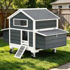 Mobile Chicken Coop w/Wheels, 4-6 Chickens Outdoor Hen House w/6 Nesting Boxes