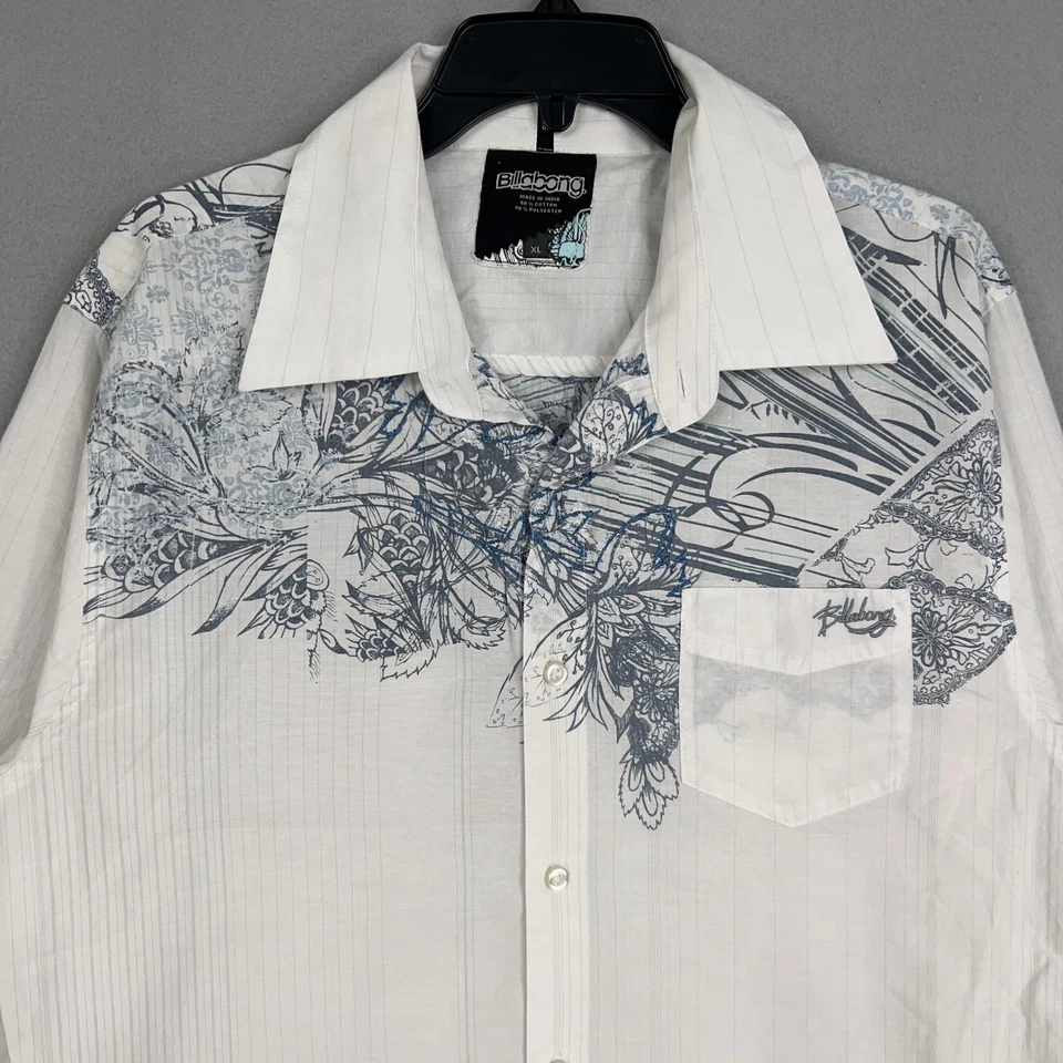 Billabong Shirt Mens XL White Floral Stripe Coastal Surfer 90s Y2K Hawaiian Mall - Image 2 of 4