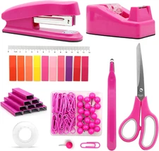 Hot Pink Desk Accessories Set - Stapler and Tape Dispenser Kit, Office Suppli...