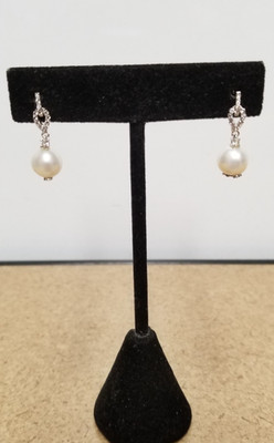 Suzy Levian 8mm Pearl & Lab Created Sapphire Dangle Earrings 1'' Sterling Silver
