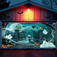 7X16Ft Halloween Garage Door Cover,Halloween Garage Door Decorations Horror Grav