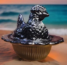 6" Black  Jumbo Covered Chicken Hen on Wide Rim Base w/ Glass Mosser Mould