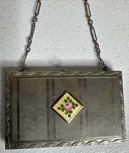 Edwardian Guilloche Silver Tone Wristlet Mirror Powder Compact Purse - Picture 2 of 14