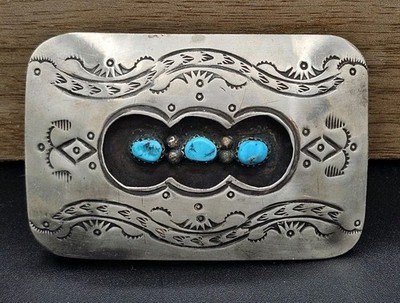 Vintage Navajo Sterling Silver Turquoise Belt Buckle Hand Stamped