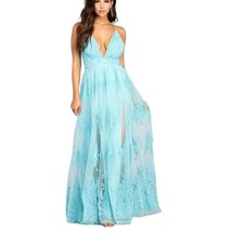 Windsor Aqua Floral Lace Halter Maxi Dress Formal Evening Gown XS
