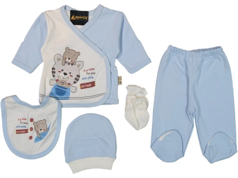 NEU Baby 5-tlg Neugeborenen Geschenk Set Erstling Unisex Blau Cat Friends Süß - Bild 1 von 1