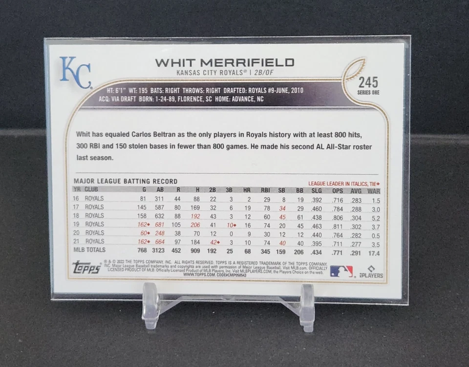 Whit Merrifield Kansas City Royals #245 MLB 2022 Topps Baseball Series 1  - Image 2 of 2