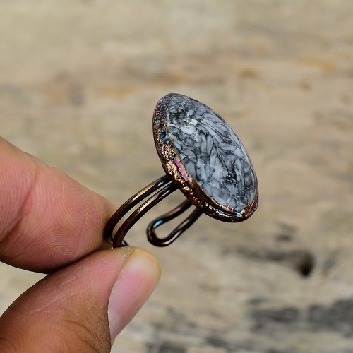 Anillo Apilable Bisel Electroformado Ovalado Natural Pinolito Jaspe Cobre Cumpleaños - Imagen 4 de 6