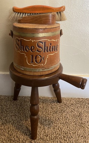 Antique Three Piece Shoe Shine Box Carrier Advertisement Hand Painted Set