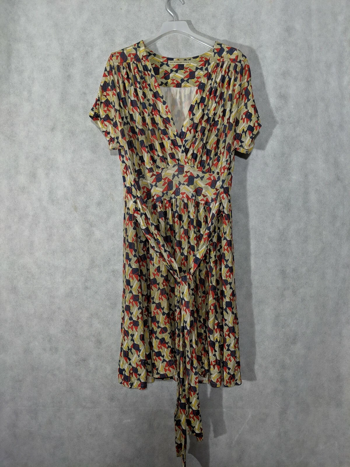 Abito Balenciaga 2010 avvolgente cravatta fiocco stampa taglia 40 Francia Nicolas Ghesquiere