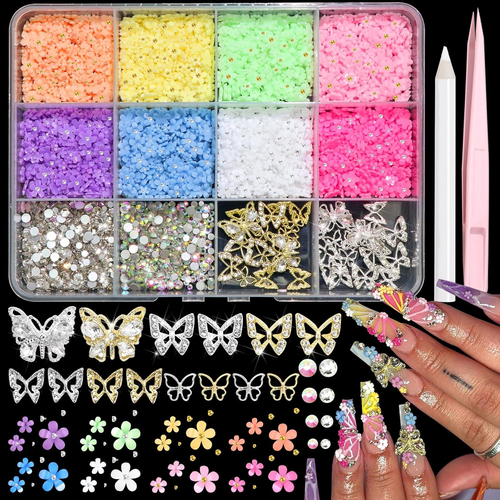 Colorful 3D Flower Nail Charms Metal Butterfly Gem Rhinestone Blossom Decoration - Picture 12 of 12