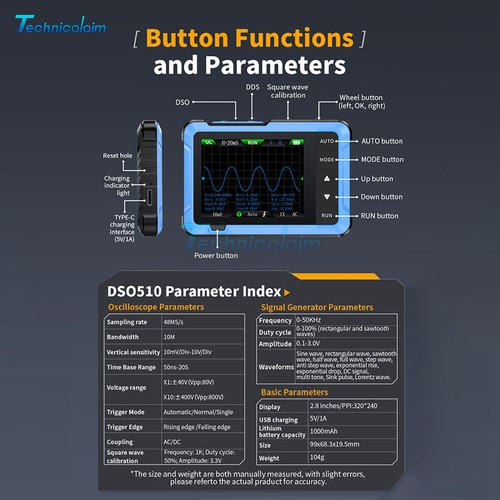FNIRSI DSO510 2-IN-1 Handheld Digital Oscilloscope Signal Generator 48MS/s 10MHz - Picture 18 of 20