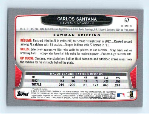 2013 Bowman Chrome Refractors Carlos Santana Cleveland Indians #67 - Picture 2 of 2