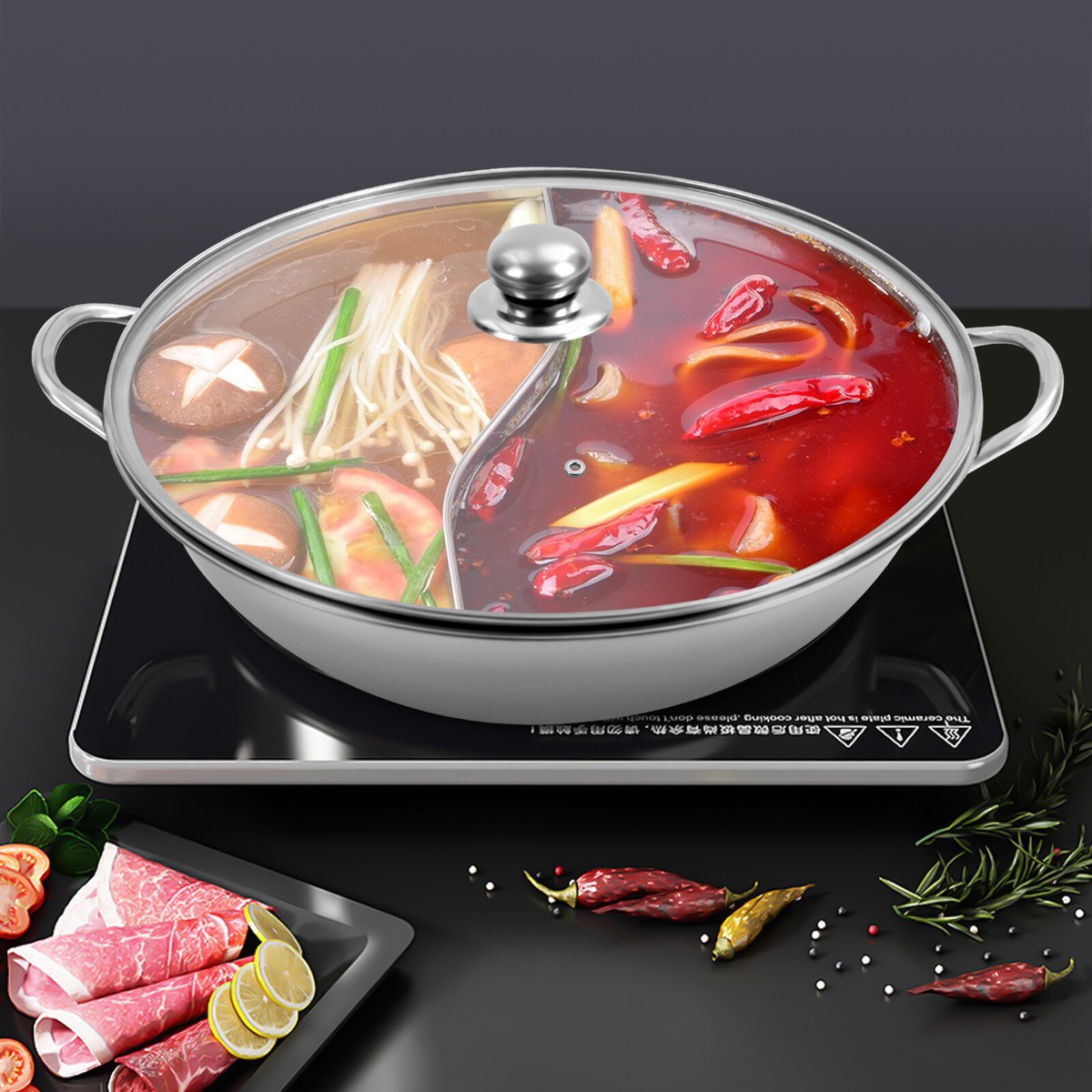 Delavala Steel Hot Pot With Divider And Glass Lid - Shabu Shabu Set For Induction Cooktop And