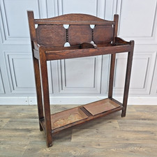 Antique Umbrella Stick Stand Hall Arts & Crafts Oak - Beaded Solid Wood Display