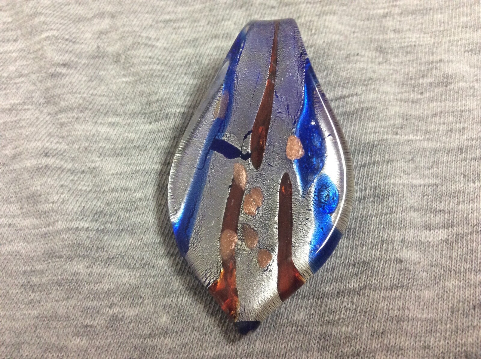 Murano Style Hand Blown Cobalt Blue w/Silver & Red Glass Leaf Pendant