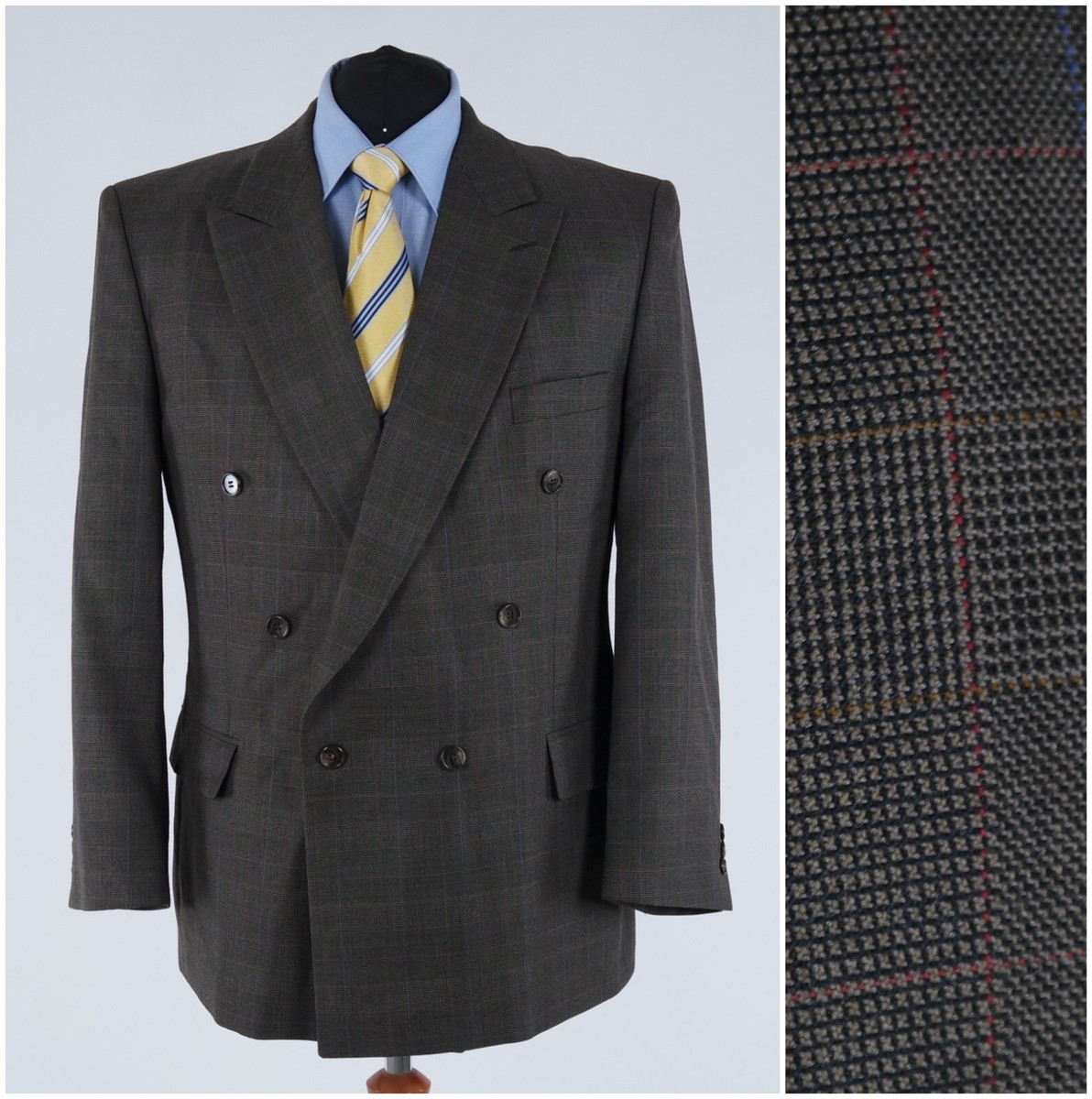 Mens Brown Double Breasted Sport Coat 46S US Size CANDA Plaid Wool