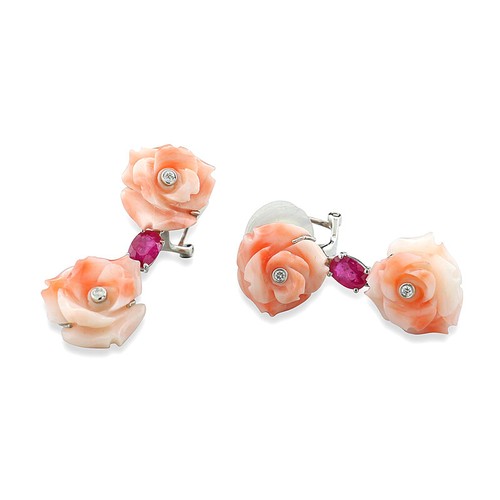 Orecchini Corallo Rubini Diamanti Rose - Fiori Oro Bianco 750 Corallo Gioielli - Foto 2 di 3
