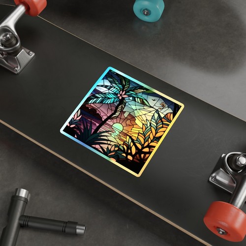 Adesivo olografico surfista hawaiano floreale tropicale onde aloha opera d'arte vacanza - Foto 15 di 19